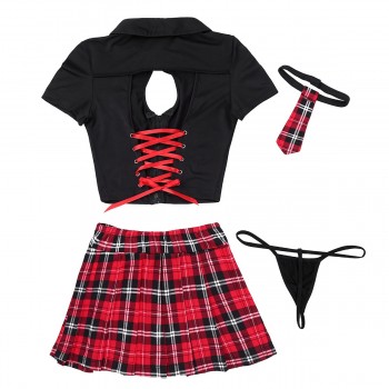 Women's School Girl Costume - Clubwear Turn-down Collar Back Top, Plaid Pleated Mini Skirt, and Thong Set